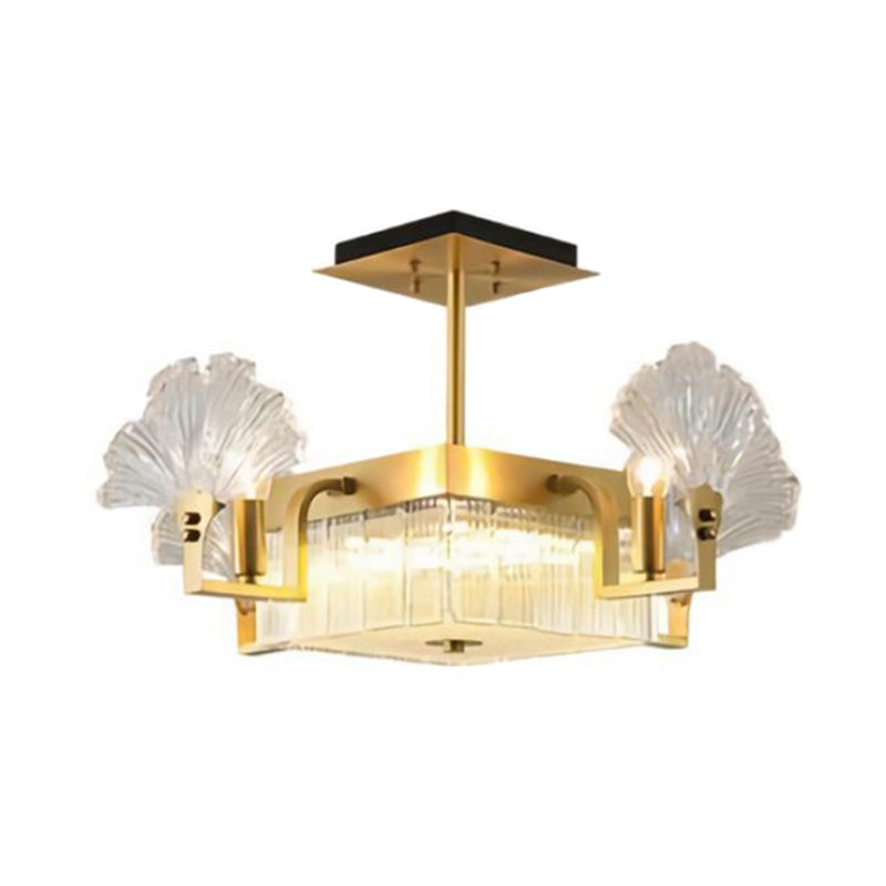 Ginkgo Leaf Shaped Chandelier Gold Pendant Light Fixture With Ribbed Glass For Living Room / Small