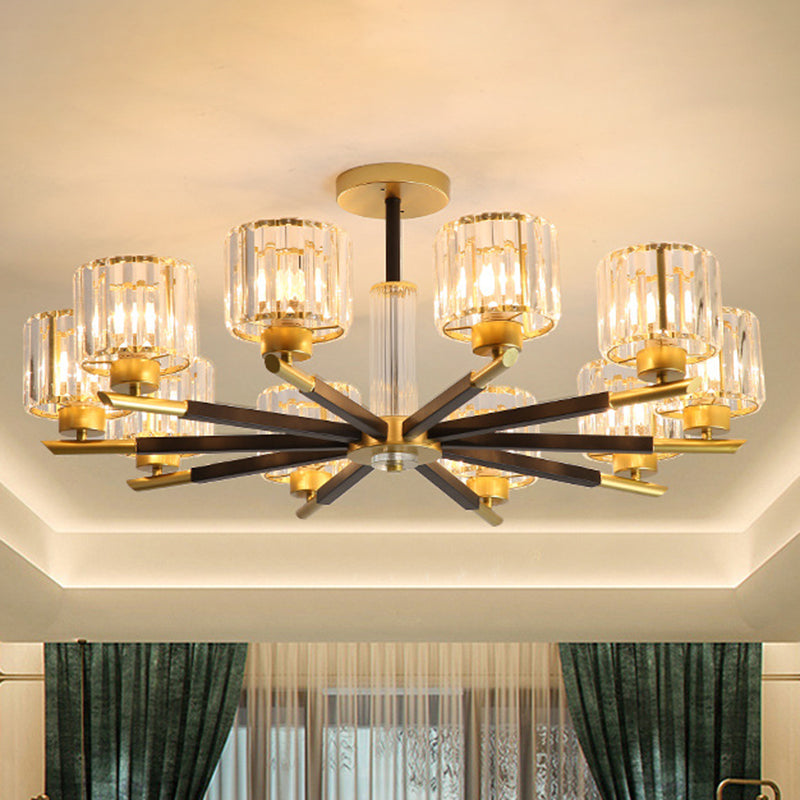 Modern Gold Glass Ceiling Chandelier For Living Room - Ribbed Cylinder Design