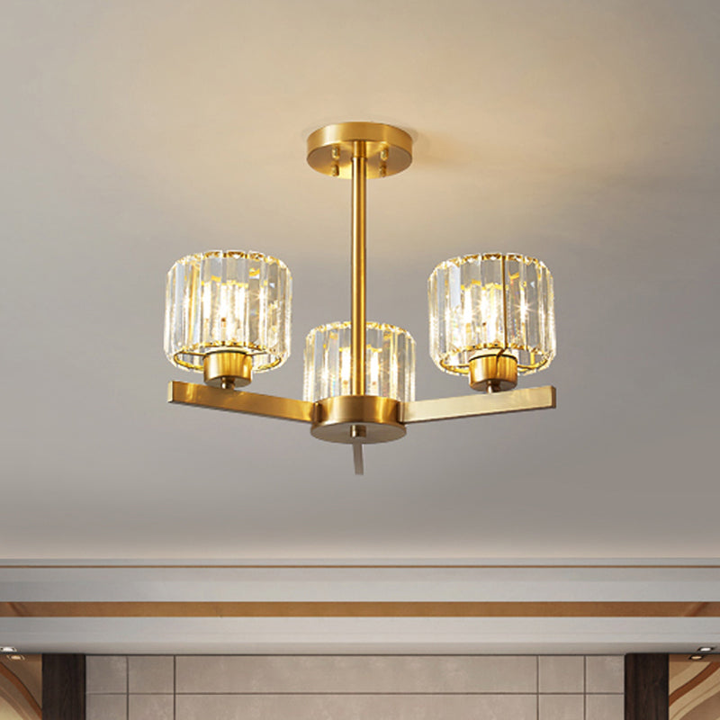 Sleek 3-Light Gold Pendant Chandelier With Cylinder Tri-Prism Crystal Accents - Simplicity In Design