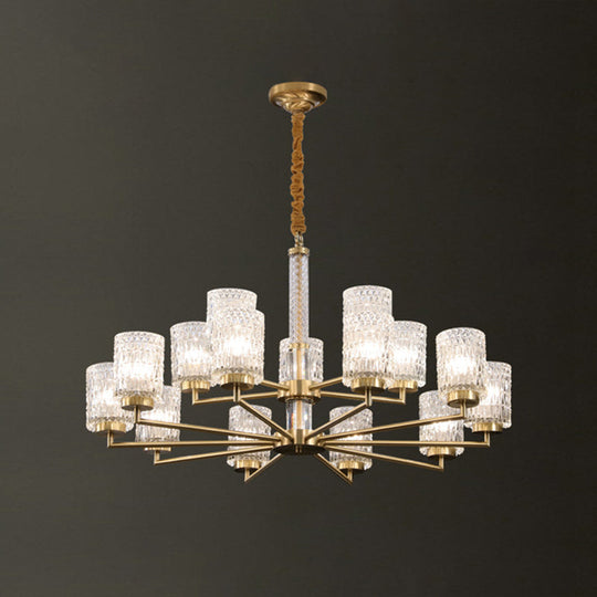 Modern Cylindrical Pendant Chandelier with Beveled Crystal in Gold – Ideal for Living Rooms