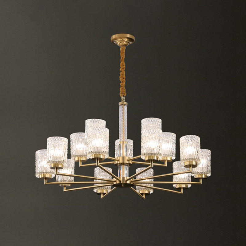Gold Beveled Crystal Pendant Light - Modern Cylindrical Chandelier For Living Room