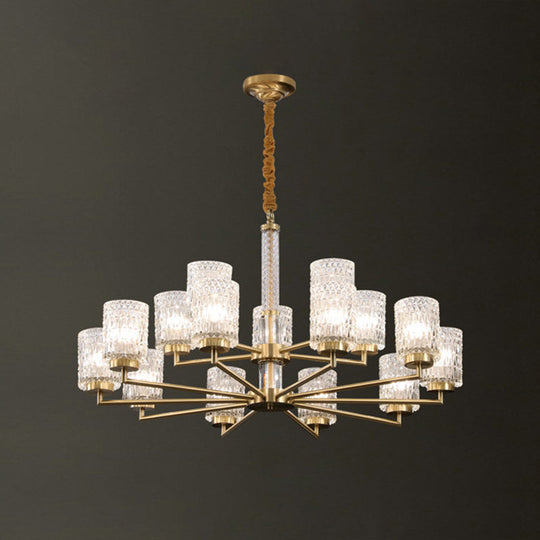 Gold Beveled Crystal Pendant Light - Modern Cylindrical Chandelier For Living Room