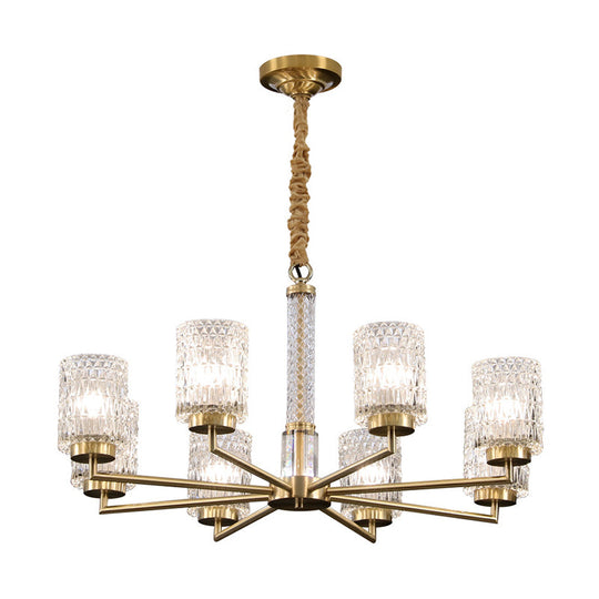 Modern Cylindrical Pendant Chandelier with Beveled Crystal in Gold – Ideal for Living Rooms