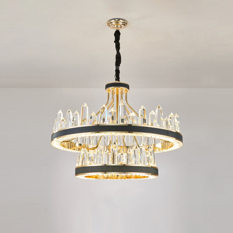 Minimalist Black Crystal Pendant Light For Living Room - Icicle Shaped Chandelier Lighting / 2 Tiers