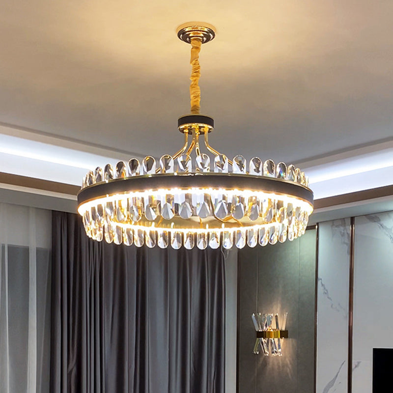 Simplicity Ring LED Chandelier Light with K9 Crystal, Gold-Black Pendant Fixture for Living Room
