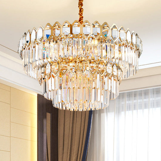 Artistic Prismatic Crystal Gold Pendant Light For Living Room - Tiered Round Suspension