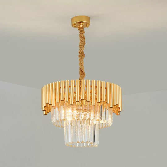 Artistic Crystal Round Chandelier Light In Gold Tiered Suspension For Living Room / 15.5