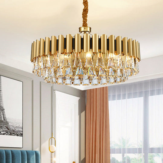 Minimalist Gold Tiered Chandelier With Tri-Prism Crystal - Living Room Pendant Light 16 /