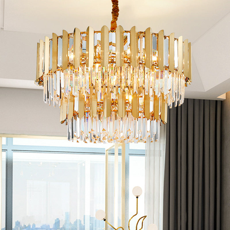 Postmodern Gold Chandelier - Prismatic Crystal Drum Ceiling Light Fixture