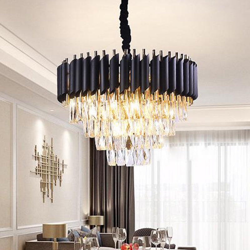 Minimalist Black Crystal Layered Living Room Chandelier Light Fixture / Small Round