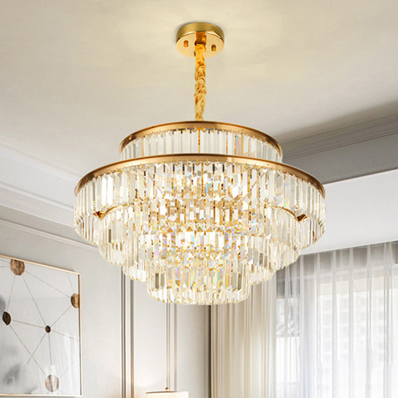 Gold Artistic Circular Suspension Light With Tri-Prism Crystal For Living Room Chandelier