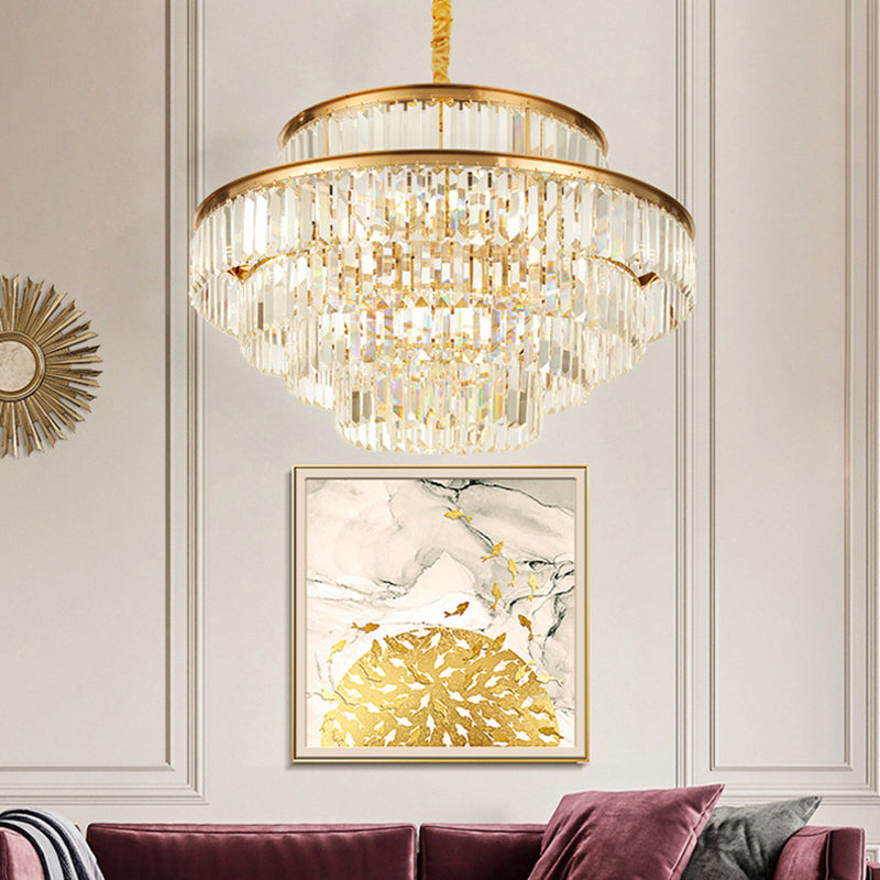 Gold Artistic Circular Suspension Light With Tri-Prism Crystal For Living Room Chandelier