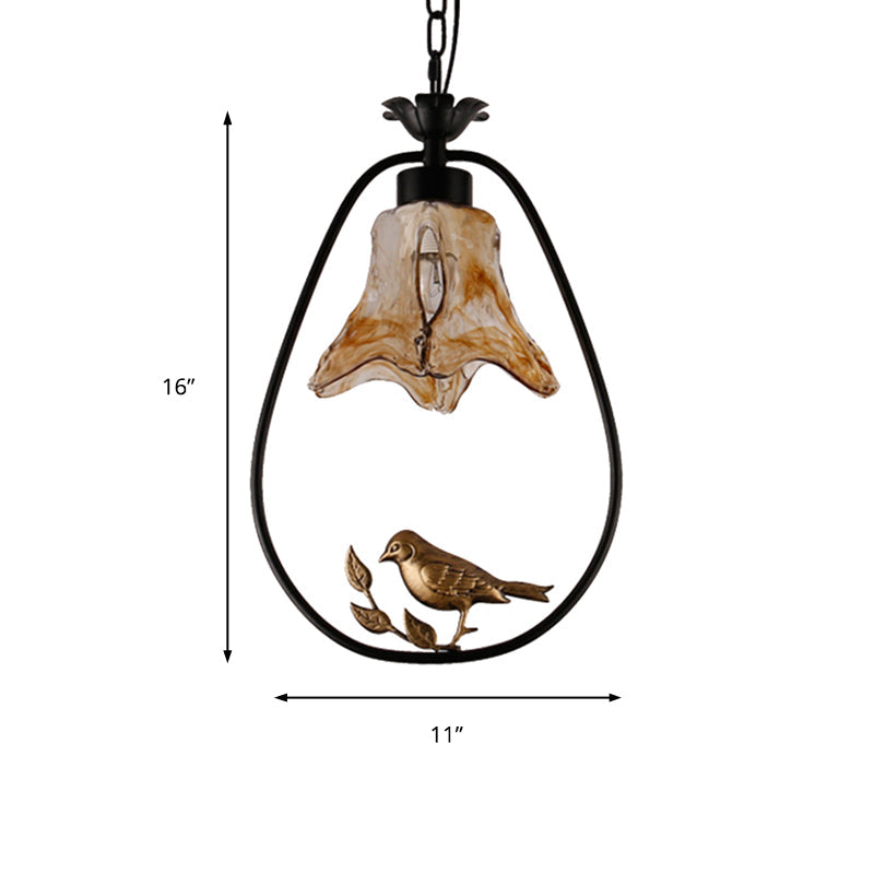 Black Round/Oval Ceiling Light - Classic Metal Pendant With Flower Shade And Bird Accent Ideal For