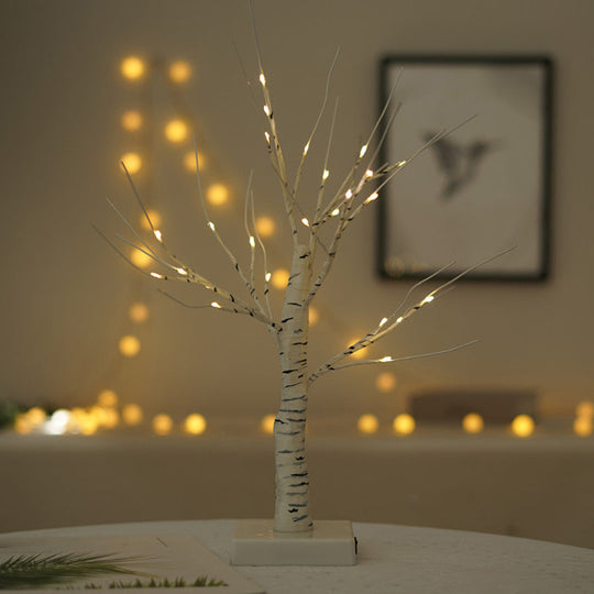 White Led Usb Nightstand Lamp: Plastic Birch Tree Art Decor For Living Room