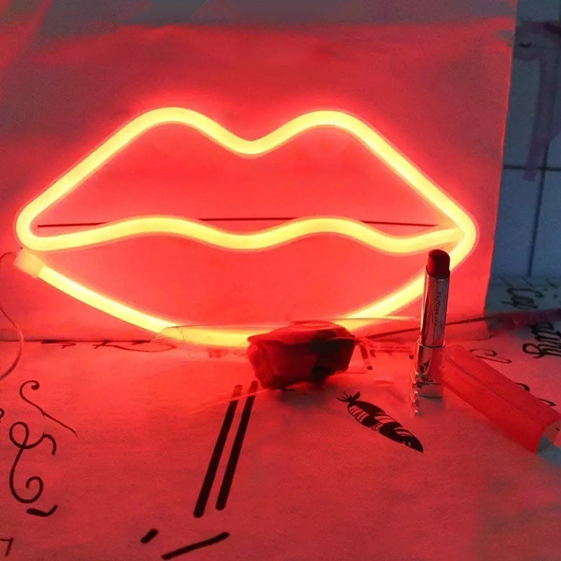 Kids Bedroom Lip Shaped Neon Wall Light Battery Powered Led Plastic Art White / Red