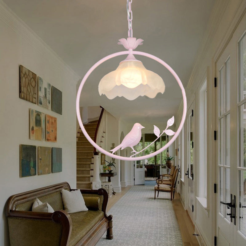 Modern Round Pendant Light Fixture - 1-Light Metal Hanging Lamp In Black/White/Pink With Scalloped