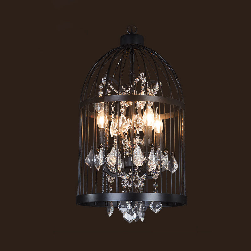 Birdcage Chandelier Metal Pendant Light With Crystal Drapes - Farmhouse Style Lamp 4 / Black