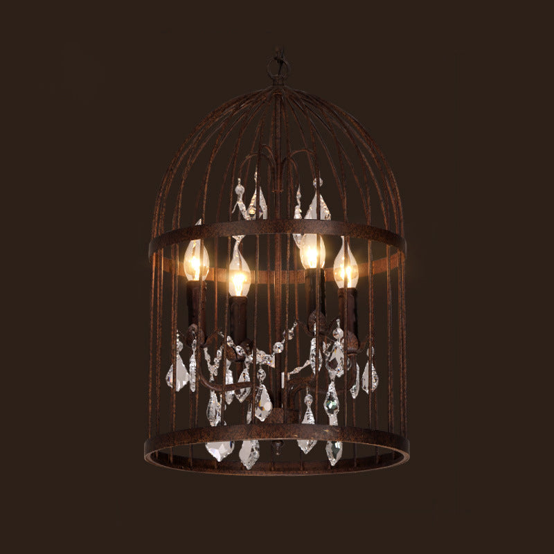 Birdcage Chandelier Metal Pendant Light With Crystal Drapes - Farmhouse Style Lamp