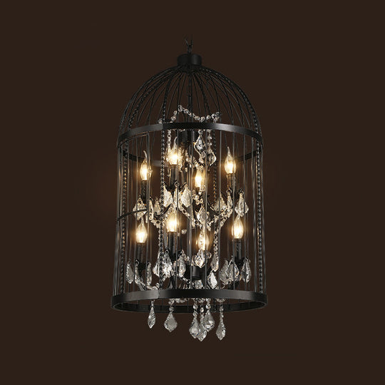 Birdcage Chandelier Metal Pendant Light With Crystal Drapes - Farmhouse Style Lamp 8 / Black