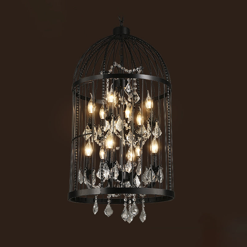 Birdcage Chandelier Metal Pendant Light With Crystal Drapes - Farmhouse Style Lamp