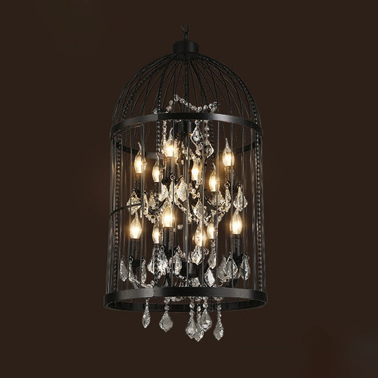 Birdcage Chandelier Metal Pendant Light With Crystal Drapes - Farmhouse Style Lamp 12 / Black