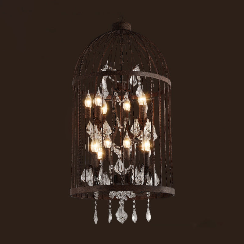 Birdcage Chandelier Metal Pendant Light With Crystal Drapes - Farmhouse Style Lamp 12 / Rust