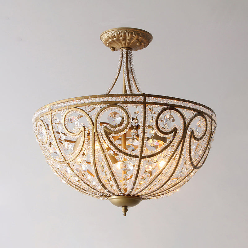 Rustic Dome Flush Mount Lamp - Gold Finish With Crystal Octagons & 5 Lights / Semi-Flush