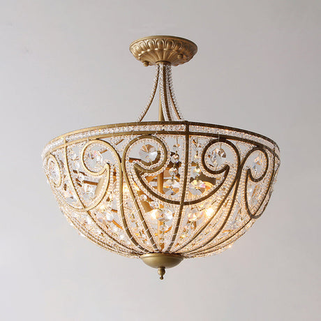 Rustic Dome Flush Mount Lamp - Gold Finish With Crystal Octagons & 5 Lights / Semi-Flush