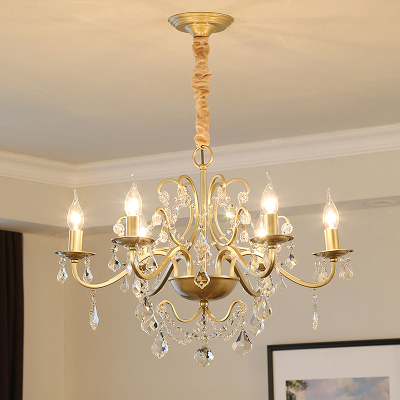Gold Finish Crystal Chandelier Light: Elegant Dining Room Lighting Fixture 6 / Shadeless