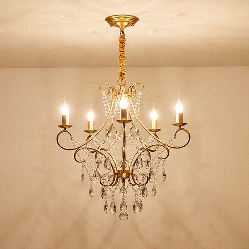 Vintage Metal Candlestick Chandelier With Crystal Strand - Gold Finish Ceiling Hang Light 5 /
