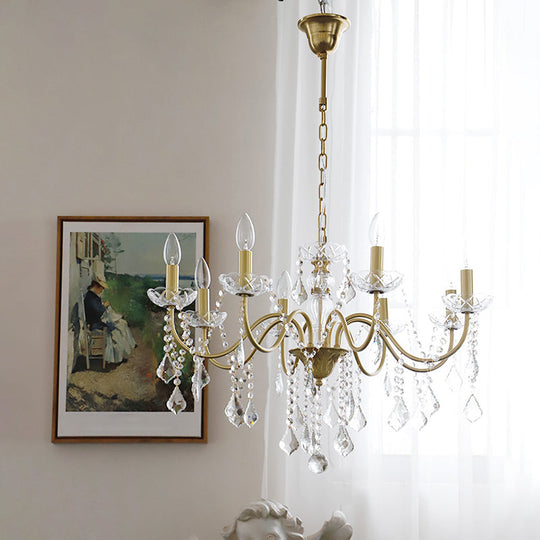 Rustic Faux Candle Pendant Light With Clear Crystal Strand - Rural Gold Metal Chandelier
