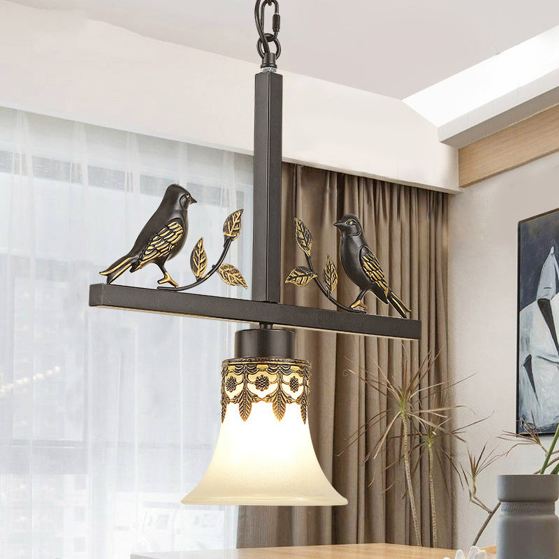 Classical Frosted Glass Pendant Light With Bird Element For Living Room - Black Conical Design