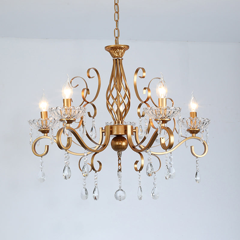 Retro Brass Candle Chandelier: Swirled Arm Pendant Lamp For Living Room With A Metallic Finish 5 /
