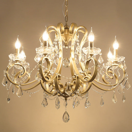 Rustic Gold Crystal Draping Chandelier With Scrolling Arms And Drops