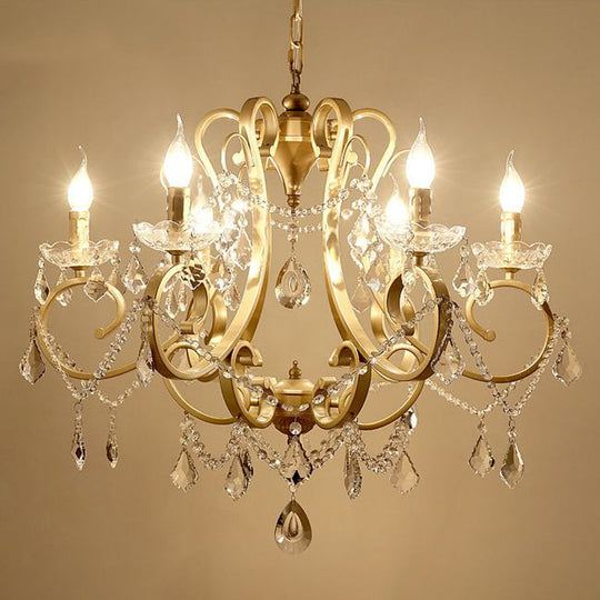 Rustic Gold Crystal Draping Chandelier With Scrolling Arms And Drops