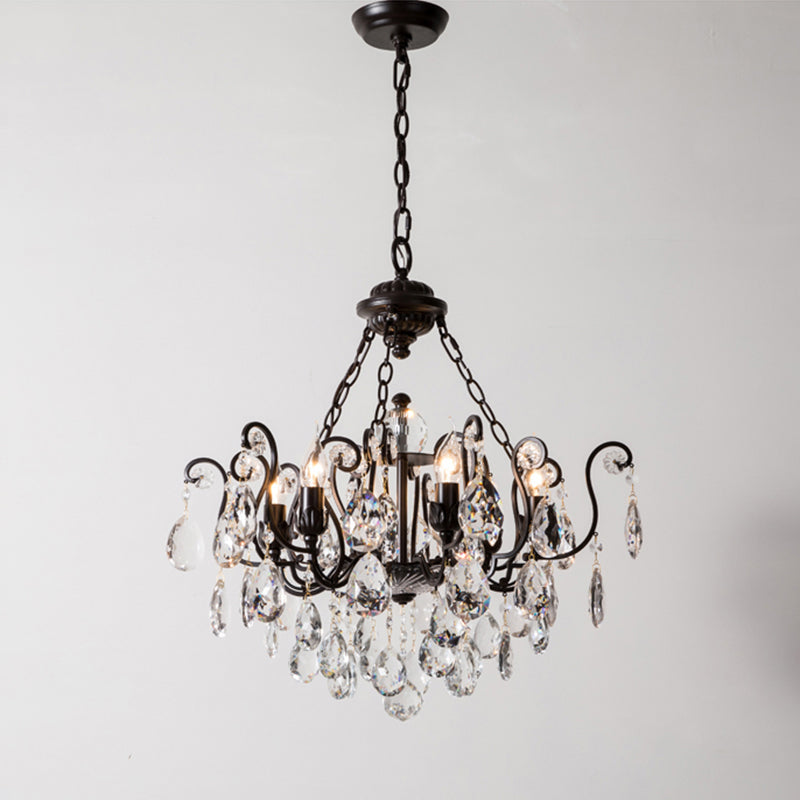 Antique Metal Chandelier With Swirling Design Crystal Droplets - Elegant Suspended Lighting Fixture