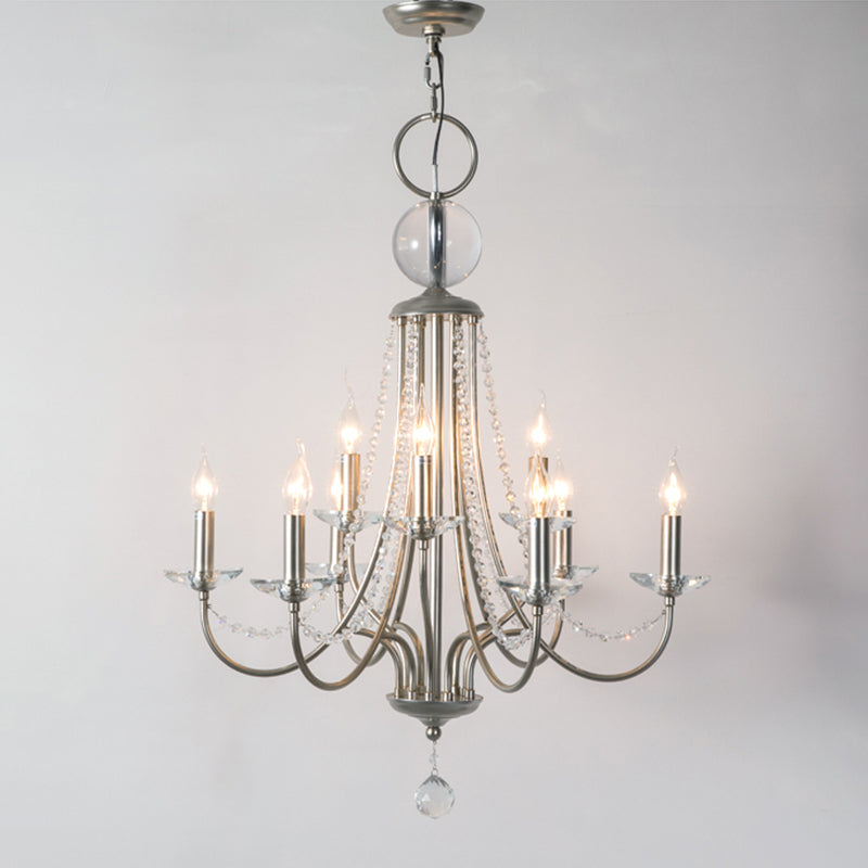 Rustic Candlestick Chandelier With Crystal Strand Elegant Metallic Hanging Light Kit
