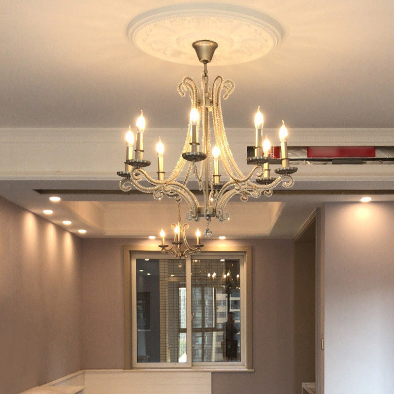 French Country Crystal Bead Chandelier With Chrome Finish - Elegant Drop Lamp For Dining Room