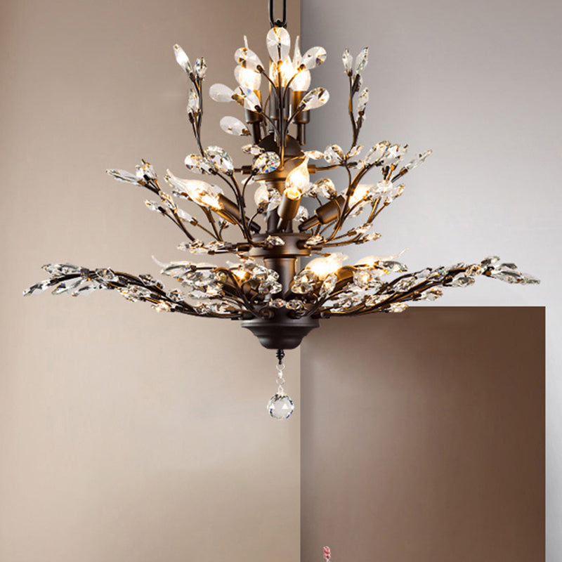 Rustic Tiered Branch Crystal Chandelier Ceiling Light For Restaurants 11 / Black
