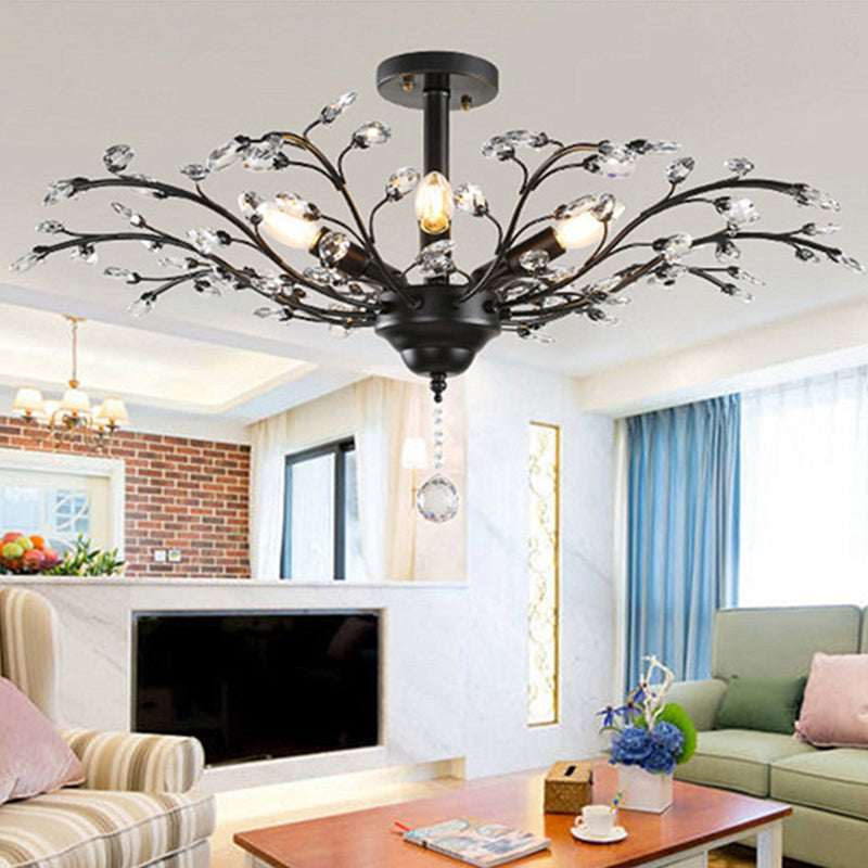 Farmhouse Beveled-Cut Crystal Chandelier - Twig Shape Ceiling Hang Lamp For Living Room 4 / Black