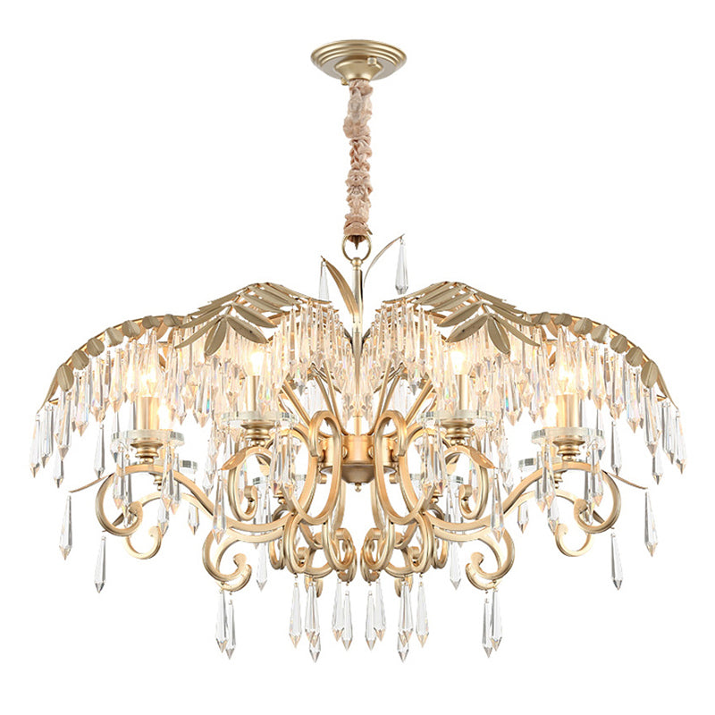 Gold Colonial Style Crystal Palm Leaf Chandelier Elegant Dining Room Suspension Lamp