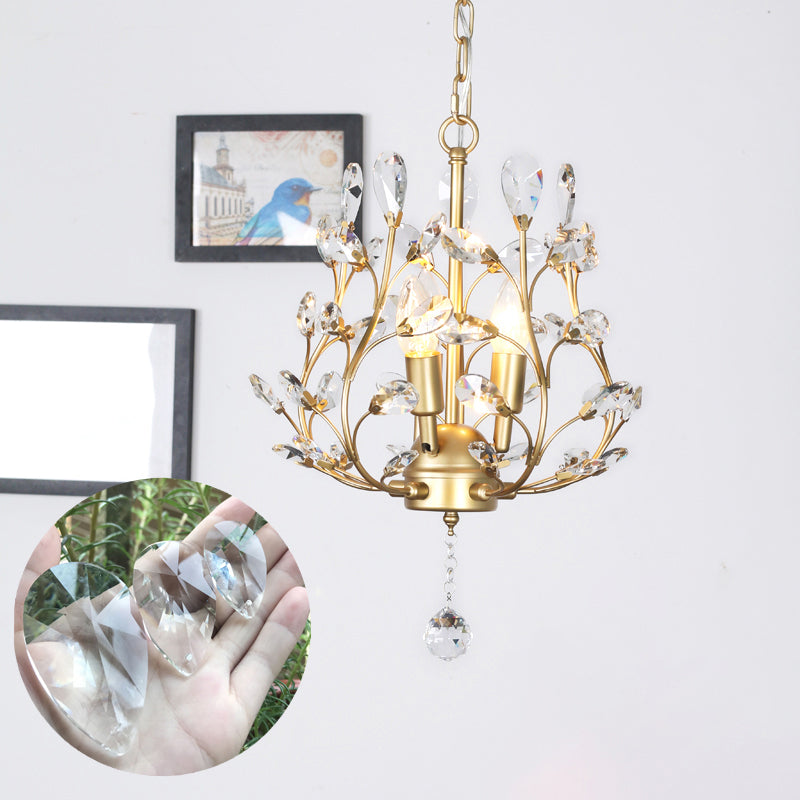 Rustic Crystal Chandelier - Branch Design 3-Bulb Hanging Lamp For Foyer Gold