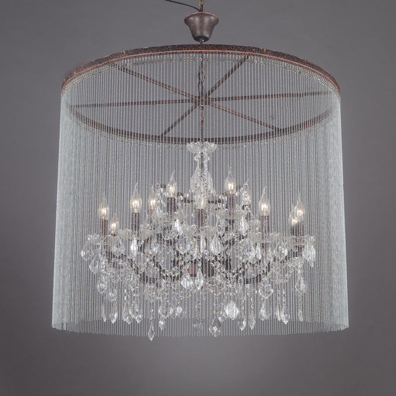 Rustic Retro Crystal Chandelier - 15-Head Candelabra Ceiling Light For Living Room With Tassel Chain