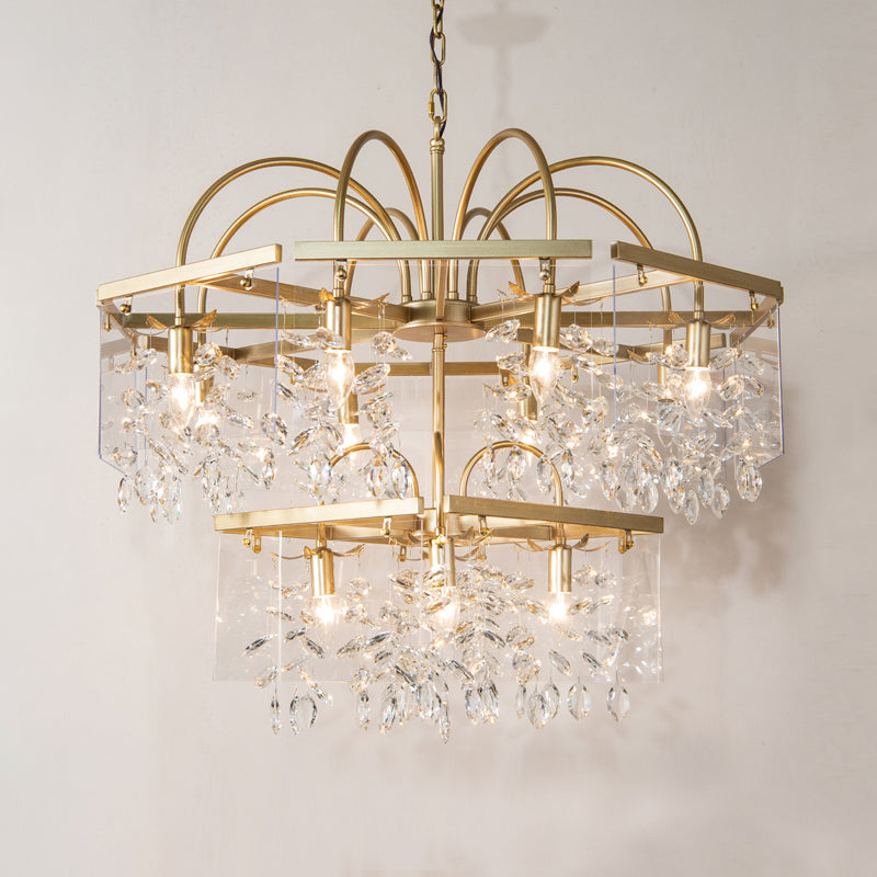 Geometric Gold Chandelier With Antique Metal Finish And Crystal Drops - Elegant Dining Room Hanging