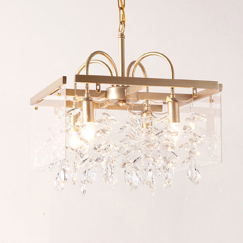 Geometric Gold Chandelier With Antique Metal Finish And Crystal Drops - Elegant Dining Room Hanging