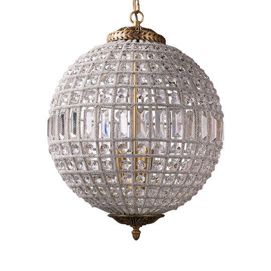 French Country Globe Pendant Chandelier - Crystal-Encrusted Brass Suspension Lamp