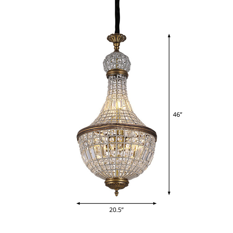French Country Crystal Bedroom Ceiling Pendant Light Fixture - Brass Empire Chandelier