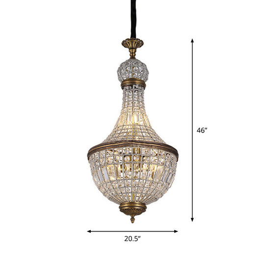 French Country Crystal Bedroom Ceiling Pendant Light Fixture - Brass Empire Chandelier