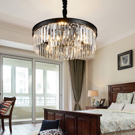 Classic Crystal Bedroom Pendant Light - Black Round Chandelier Ceiling Fixture / 18 A