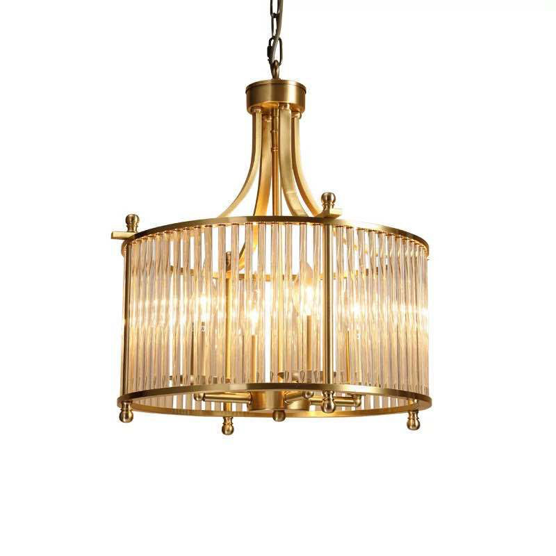 Traditional Gold Drum Chandelier - Clear Glass Rods 4-Light Dining Room Pendant
